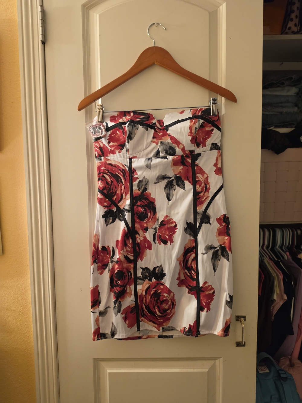 2B Bebe Strapless Rose-Print Mini Corset Dress in White and Red